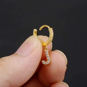 18k gold plated huggie earrings with letter J pendant and micro paved cubic zirconia