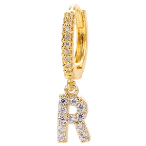 Detailed view of 18k gold plated earring featuring a micro-pave zircon letter R pendant