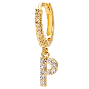 Detailed close-up of 18k gold plated huggie earring with zircon-studded letter P pendant