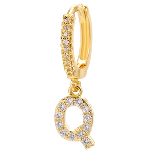 Detailed close-up of 18k gold plated letter Q earring with micro-pave cubic zirconia