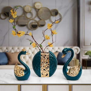 Modern Luxury Ceramic Swan Vase Ornaments Nordic Style Emerald Green Gold Decorative Figurines Home Entrance Decor