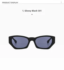 Front view of retro geometric cat eye sunglasses in glossy black with dark grey lenses