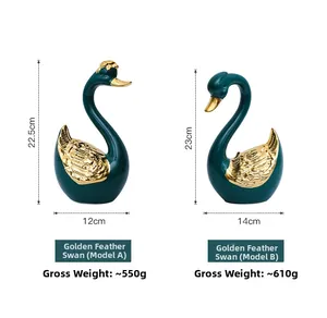 Détails de figurines de cygne en céramique avec plume dorée et glaçure vert foncé