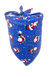 Detail of dark blue cotton Christmas dog bandana with Santa and sports ball prints