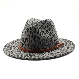 Classic leopard print wide brim fedora hat with a brown leather band for men and women