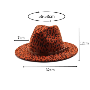 Leopard print orange fedora hat details featuring 56-58cm adjustable size and 7cm flat brim