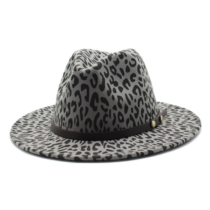 Gray leopard print fedora hat with brown leather band and metallic gold accents