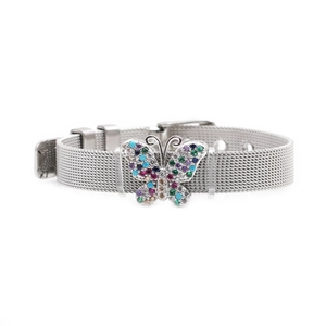 Silver stainless steel mesh bracelet with colorful zircon butterfly charm in a flat lay view