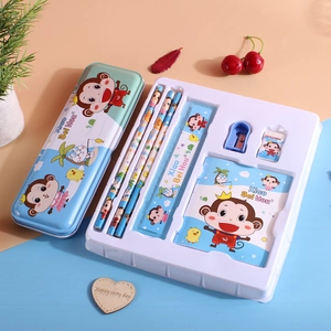 Blue school stationery set with pencil box, ruler, and pencils featuring monkey graphics
