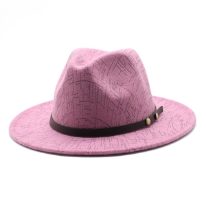 Pink wool felt fedora hat with black texture patterns and brown leather belt trim