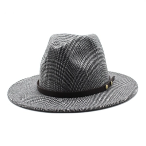 Classic houndstooth wool fedora hat with wide flat brim and leather band with studs