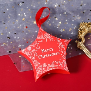 Star-shaped red Christmas gift box with holiday patterns and a silk ribbon handle