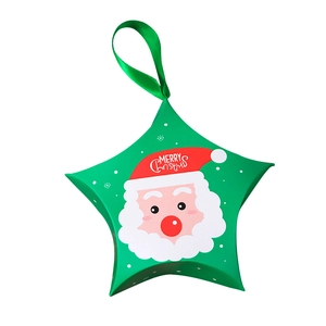 Star-shaped green Christmas gift box with Santa Claus print and green silk ribbon