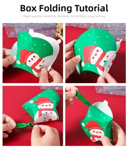 Tutorial showing four steps to fold the green snowman Christmas gift box with ribbon