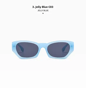 Detail of matte jelly blue geometric sunglasses with gray lenses and C03 color code