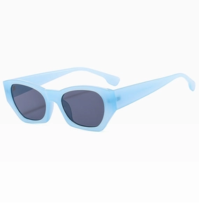 Detail of light blue frosted cat-eye sunglasses with dark grey UV protection lenses