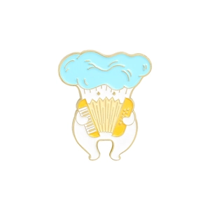 Cartoon mushroom enamel pin featuring a white character playing yellow accordion