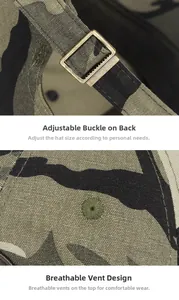 Detail of adjustable metal buckle strap and breathable embroidered eyelets on camo cap