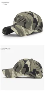 Detail view of military camouflage cotton baseball cap with five-star star embroidery