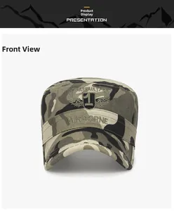 Detailed view of embroidery on a camo military flat top hat with airborne assault patches