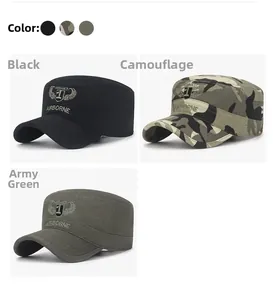 Close-up of military flat top caps with airborne embroidery in black, camo and green