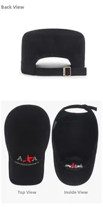 Detailed view of black cotton cadet hat with red star embroidery and metal buckle strap