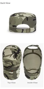 Detail views of camouflage army cap featuring adjustable metal buckle and top texture