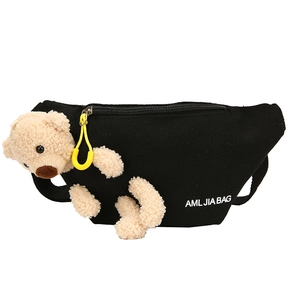 Canvas chest bag in black featuring a cute plush bear charm and yellow zipper pull