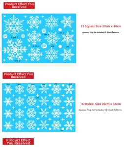 Detail showing various sizes and counts of white snowflake window static stickers on blue backing