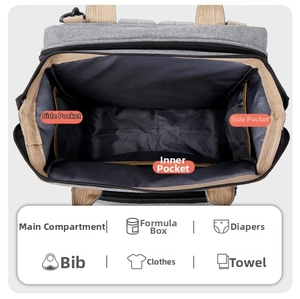 Top view of diaper bag interior showing storage compartments and side pockets