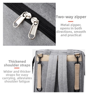 Detail of gray diaper backpack featuring dual metal zippers and wide padded shoulder straps