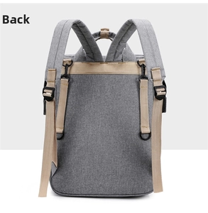 Detailed back view of a grey multifunctional diaper bag with adjustable shoulder straps