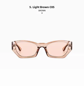 Macro detail of geometric cat eye sunglasses in light tea brown with C05 model branding