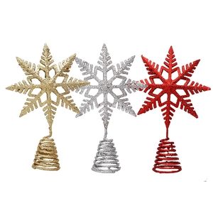 Set of three glittery snowflake Christmas tree toppers in gold, silver, and red finish