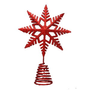 Red glitter snowflake Christmas tree topper with spiral spring base on white background
