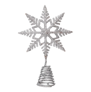Detailed view of silver glitter snowflake Christmas tree topper with a spiral metal base