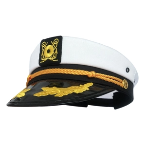 Close-up of sailor captain hat with golden anchor embroidery and braided rope detail