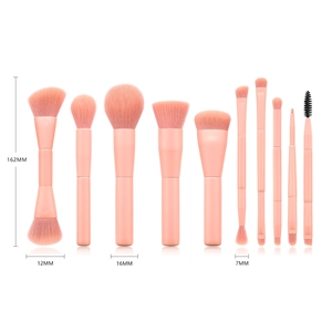 Detailed size specifications of pink 9-piece makeup brush set with precise measurements