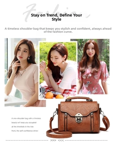 Detailed views of vintage brown crossbody bag with metal buckle and adjustable straps