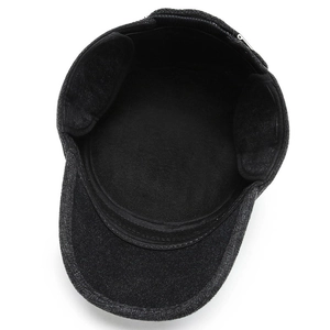 Men's wool blend flat top cap with thick ear flaps and warm fleece lining for winter