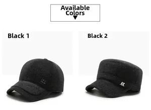 Detail of wool flat top and baseball caps for men featuring metal 'R' logo in charcoal grey