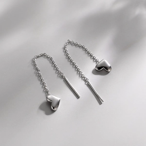 Elegant S925 sterling silver long tassel heart earrings with minimalist chain and dangle