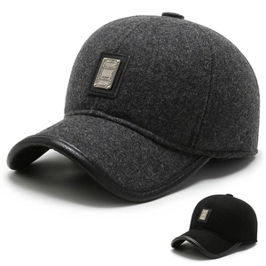 Men's Winter Warm Woolen Baseball Cap With Ear Flaps Leather Trim Thick Dad Hat Outdoor Adjustable Sport Snapback Hat