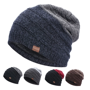 Knitted Beanie Men Winter Chenille Fleece Lined Warm Striped Color Block Skull Cap Outdoor Hat With Leather Patch