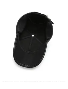 Detail view of the warm interior lining and ear flaps on this men's winter baseball cap