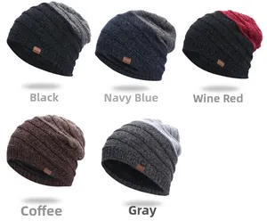 Detail view of striped chenille beanies in black navy burgundy coffee and grey colors