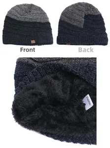 Detail view of striped chenille knit beanie with warm fleece lining and brand logo