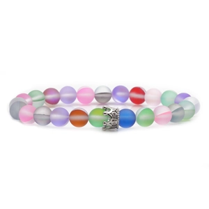 Frosted moonstone beaded bracelet featuring a silver crown charm on a white background