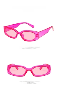 Detail view of rectangular transparent plum purple hip hop sunglasses in dual angles
