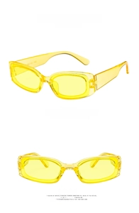 Detail view of retro rectangle sunglasses in translucent yellow with temple specs